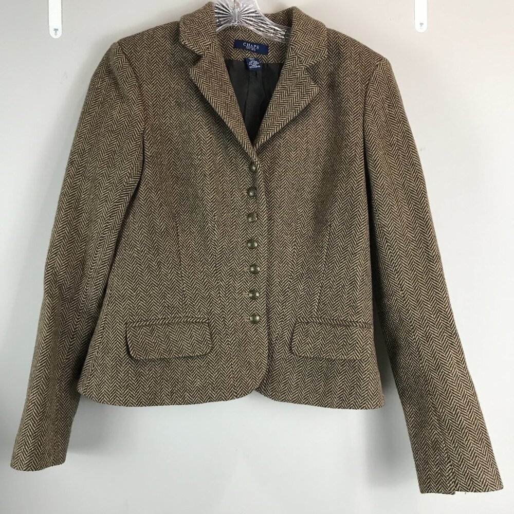 Womens Chaps Wool blend herringbone tweed tan Blazer Size S